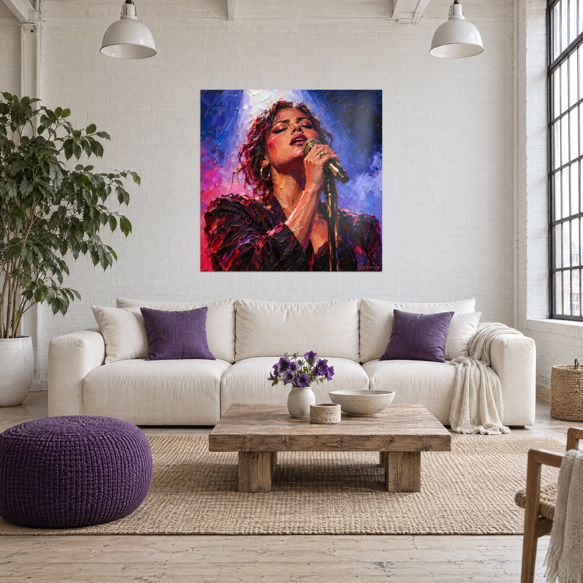 Tableau chanteuse aux yeux clos, lèvres carmin et micro doré sur fond bleu cobalt et rose, au-dessus d'un canapé dans un salon lumineux