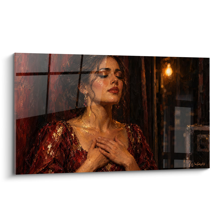 Tableau Chanteuse en robe rouge et dorée mains jointes - Ampoule nue en coulisses - Edition Star de la musique
