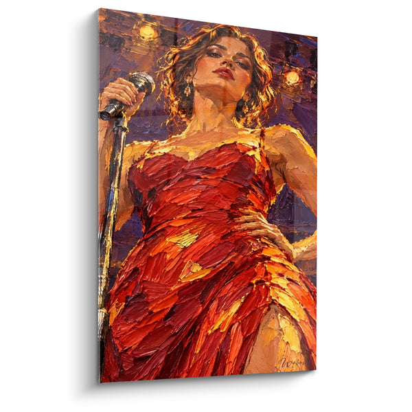 Tableau Chanteuse en robe rouge et dorée texturée - Main sur la hanche - Edition Star de la musique