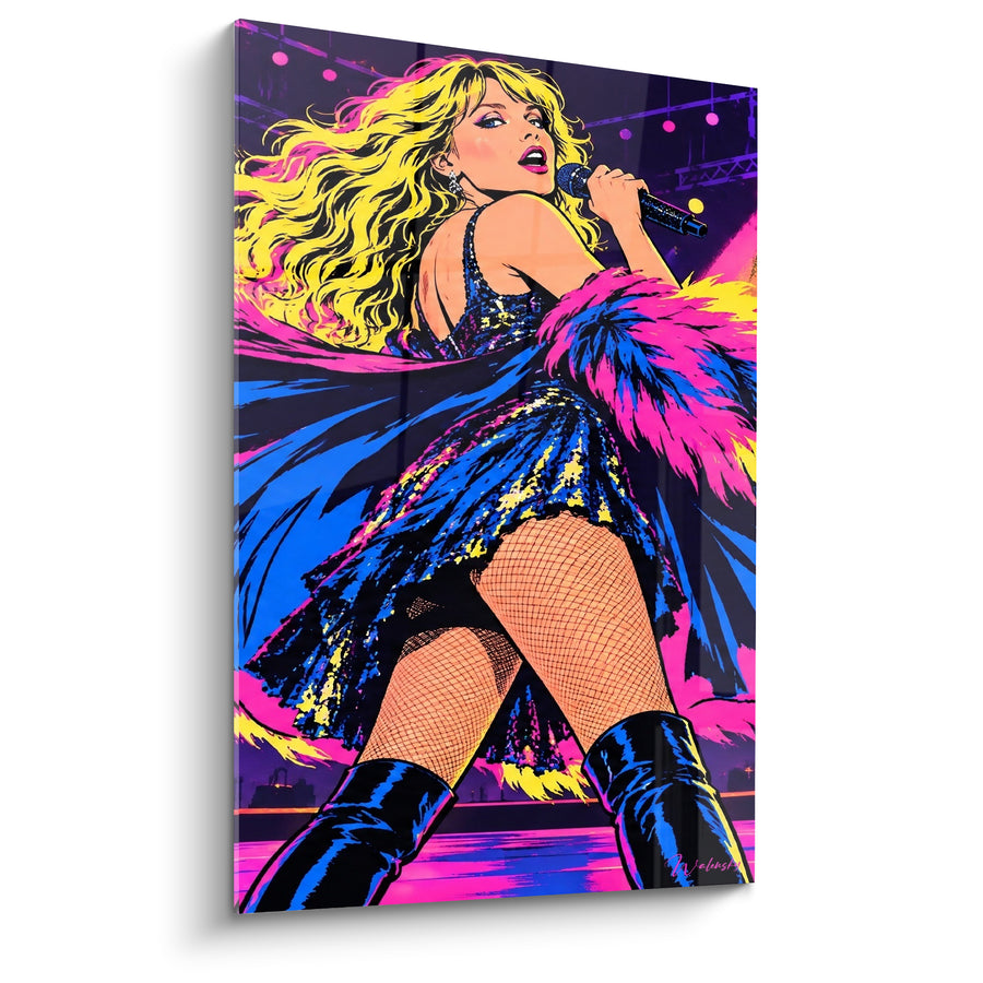 Tableau Chanteuse blonde en bottes noires vernies - Collant résille motif - Edition Star de la musique
