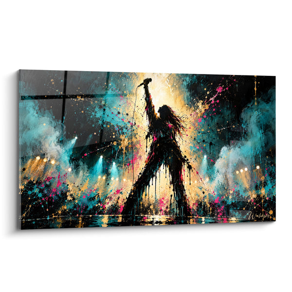 Tableau Chanteuse silhouette noire turquoise et dorée éclaboussée - Reflets au sol mouillé - Edition Star de la musique
