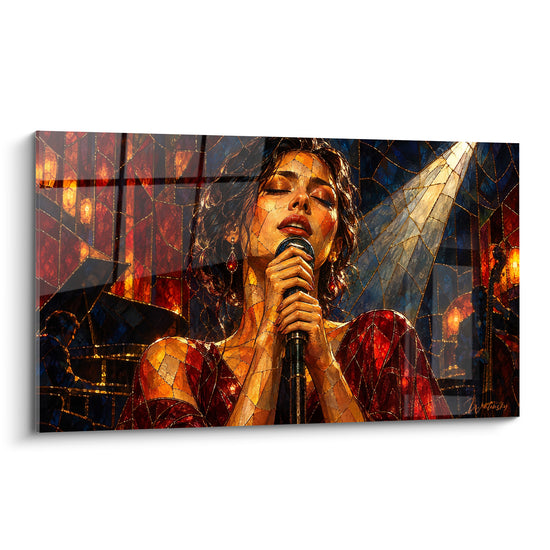 Tableau Chanteuse vitrail rouge et doré pianiste en fond - Rayon lumineux diagonal - Edition Star de la musique