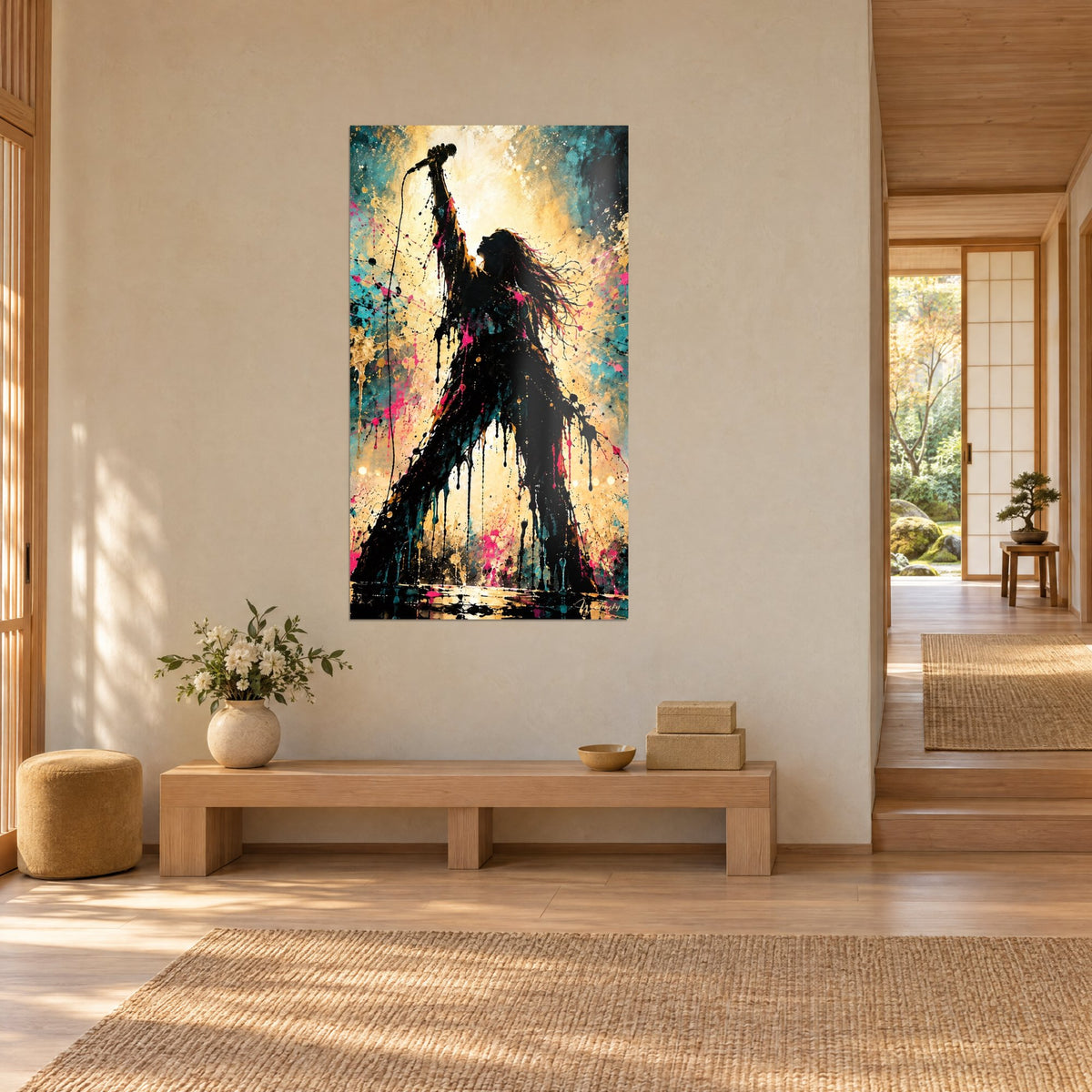 Tableau cri de scène d'une artiste aux longs cheveux, coulures noires et éclats roses sur fond ocre et bleu, dans un intérieur japandi