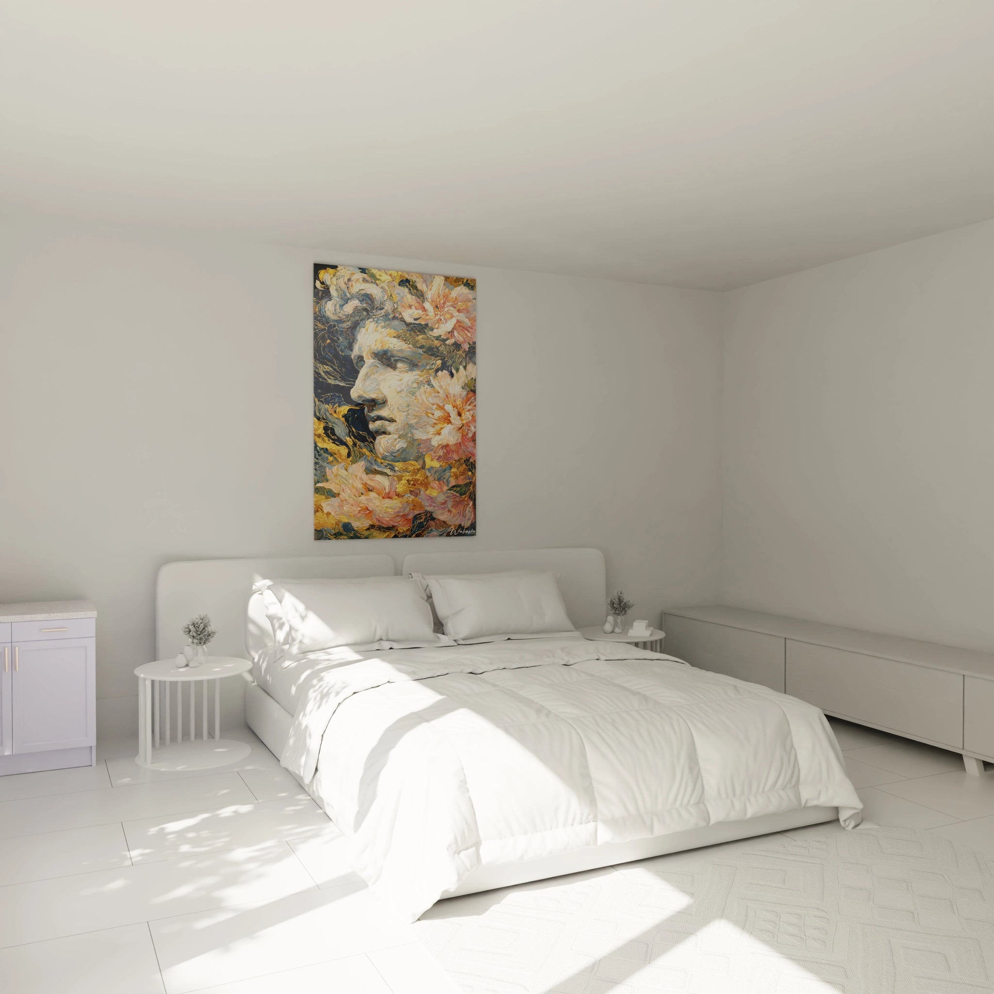 tableau statue baroque représentant un visage de sculpture classique entouré de fleurs dans une chambre minimaliste blanche