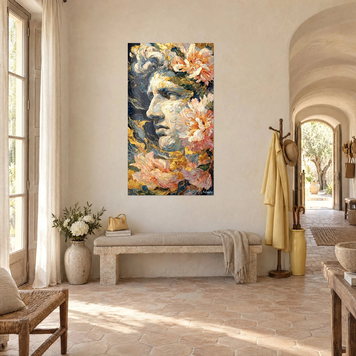 Wall art palette-knife sculpted marble face, salmon peonies and gold flecks on navy blue, vaulted hallway of the farmhouse