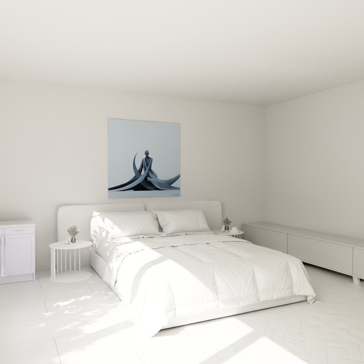 Silhouette statue bleu pastel et gris ardoise, drapé enroulé, au-dessus d'un lit dans une chambre claire