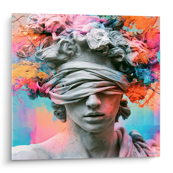Tableau Buste antique aux yeux bandés éclats corail turquoise - Justice aveuglée - Edition Statue