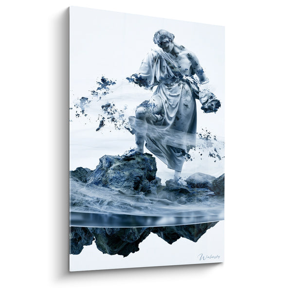 Tableau Statue antique blanche et bleue sur rocher - Métamorphose suspendue - Edition Statue