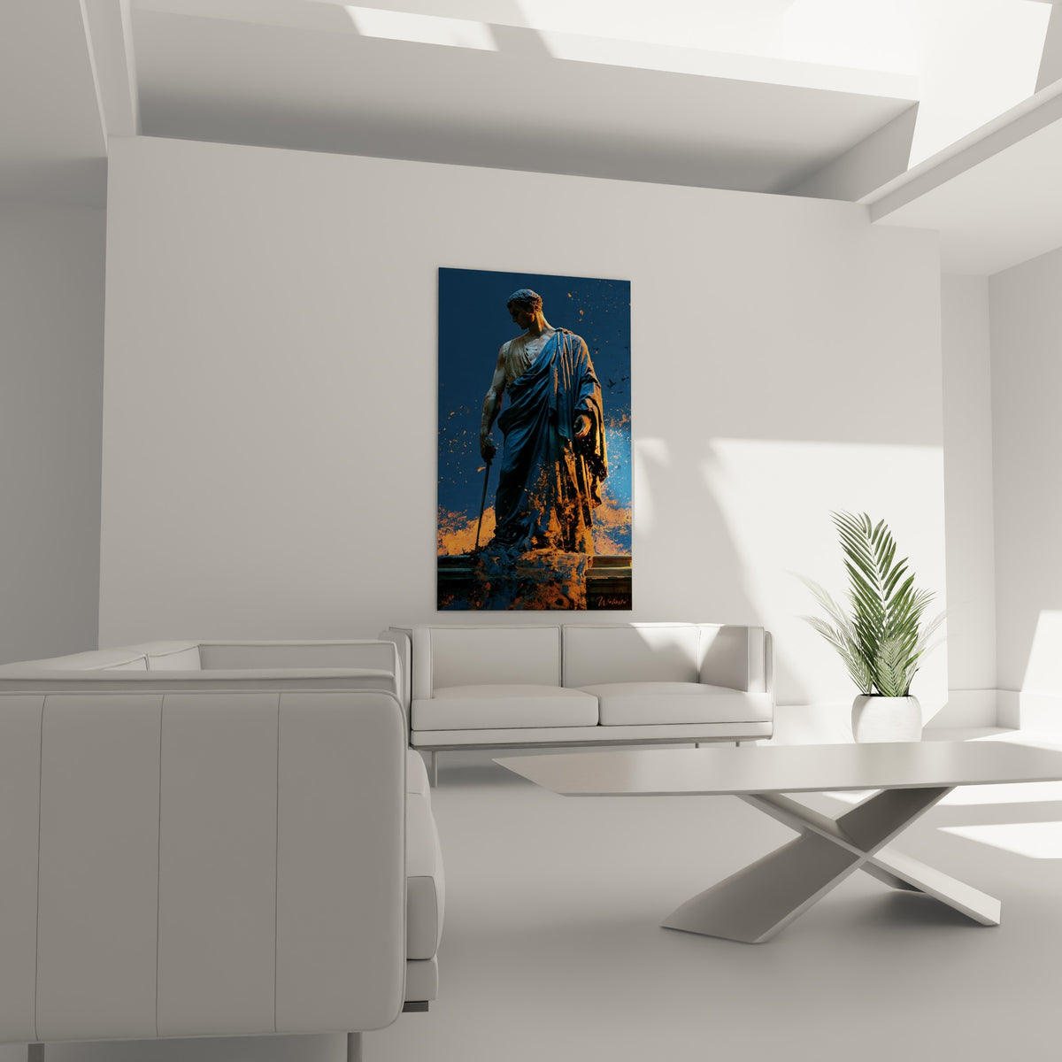 Personnage togé bleu et orange en pleine désagrégation picturale, au-dessus d'un canapé dans un salon lumineux
