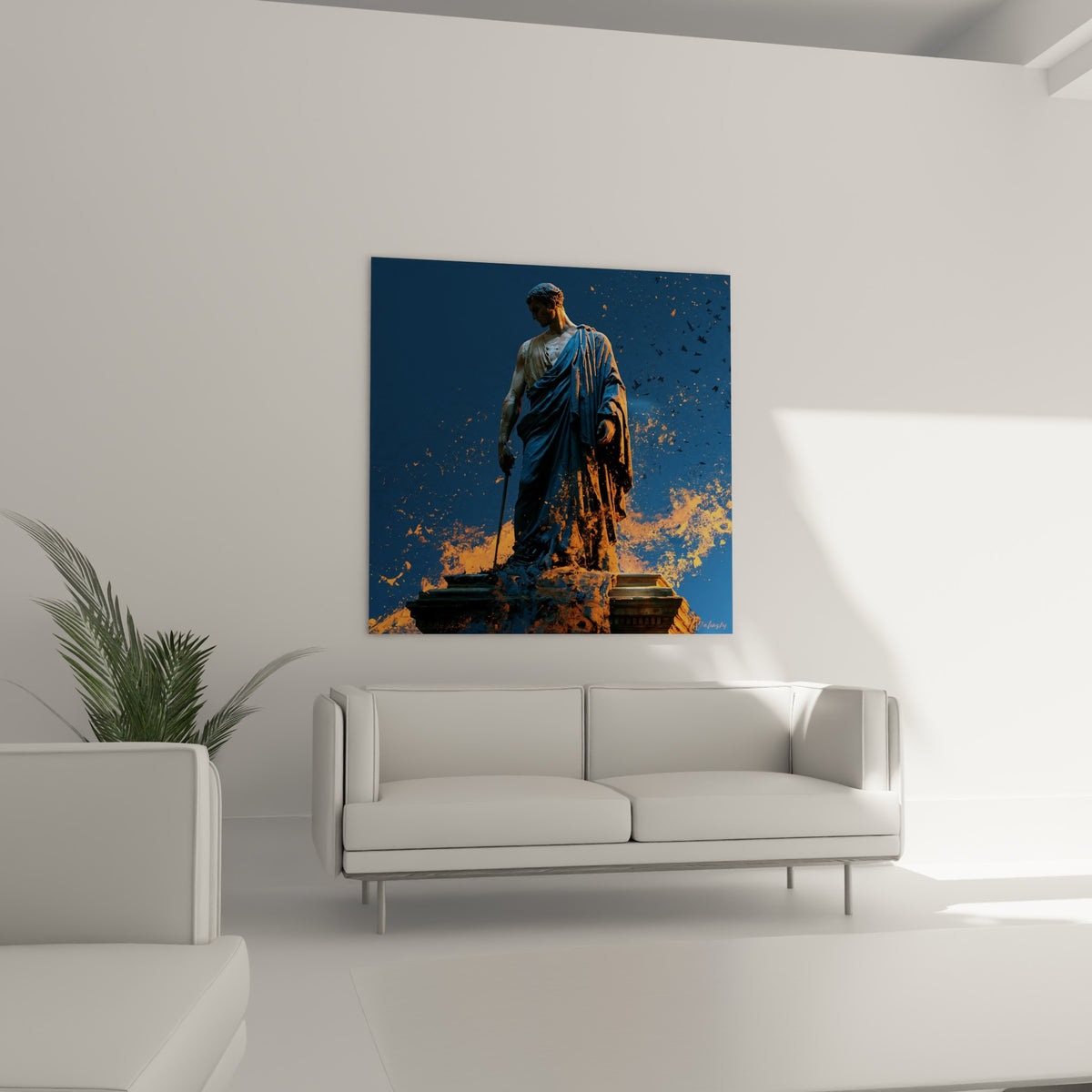 Personnage sculpté au drapé bleu profond et flammes orangées, au-dessus d'un canapé dans un salon lumineux