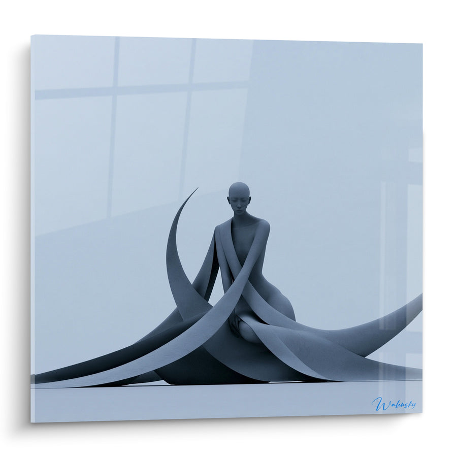 Schilderij Silhouet blauw grijs met golvende lijnen - Gevangen meditatie - Editie Statue