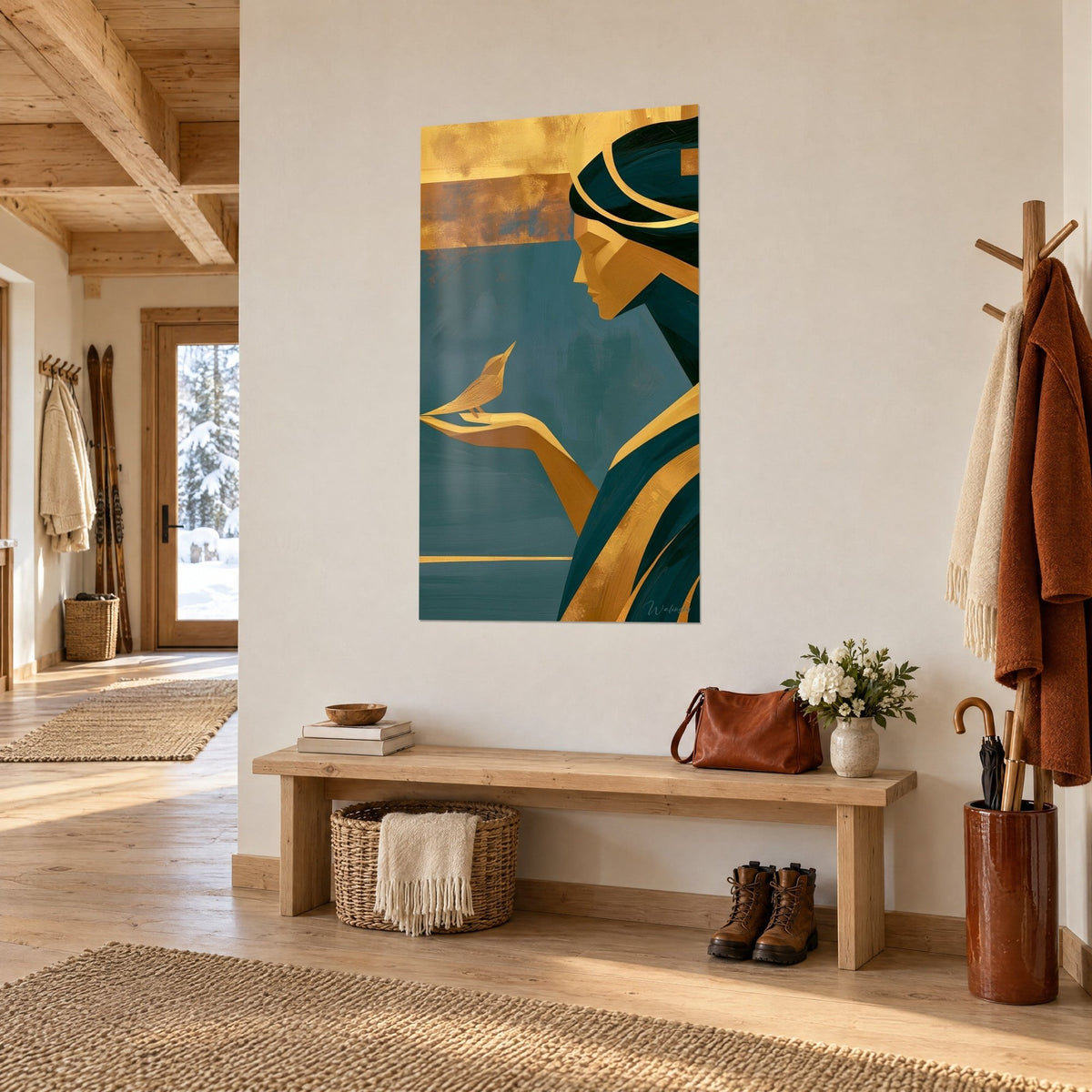 Wall art sculpted face in ochre and gold, open hand holding a bird on a deep teal background, wooden chalet entrance