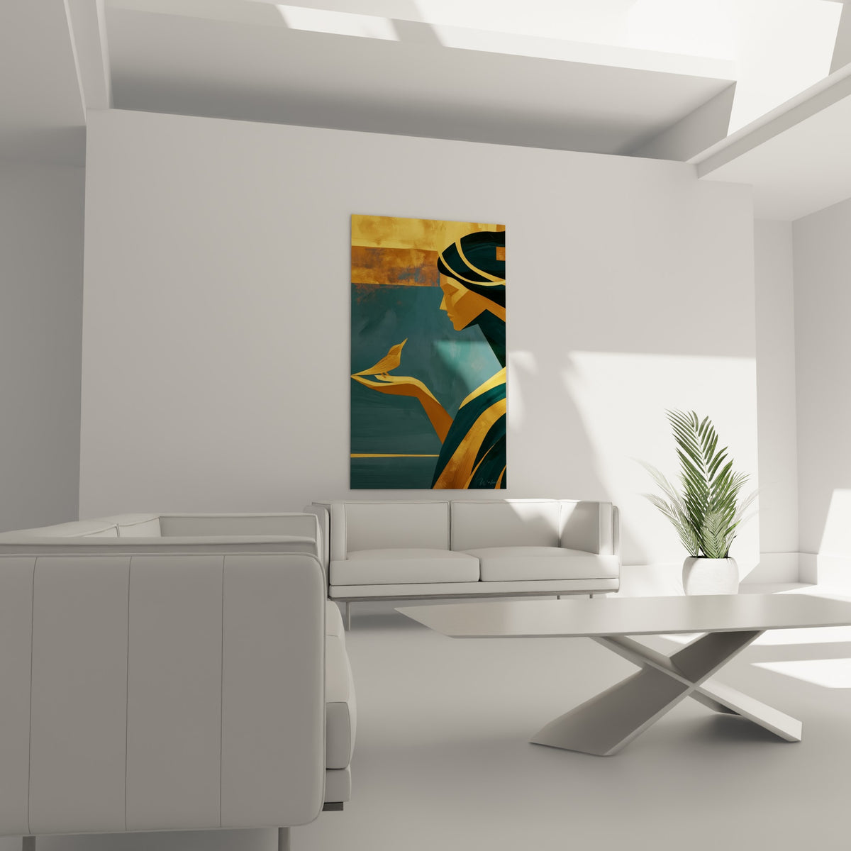 Profil doré et anthracite avec oiseau posé, au-dessus d'un canapé dans un salon lumineux