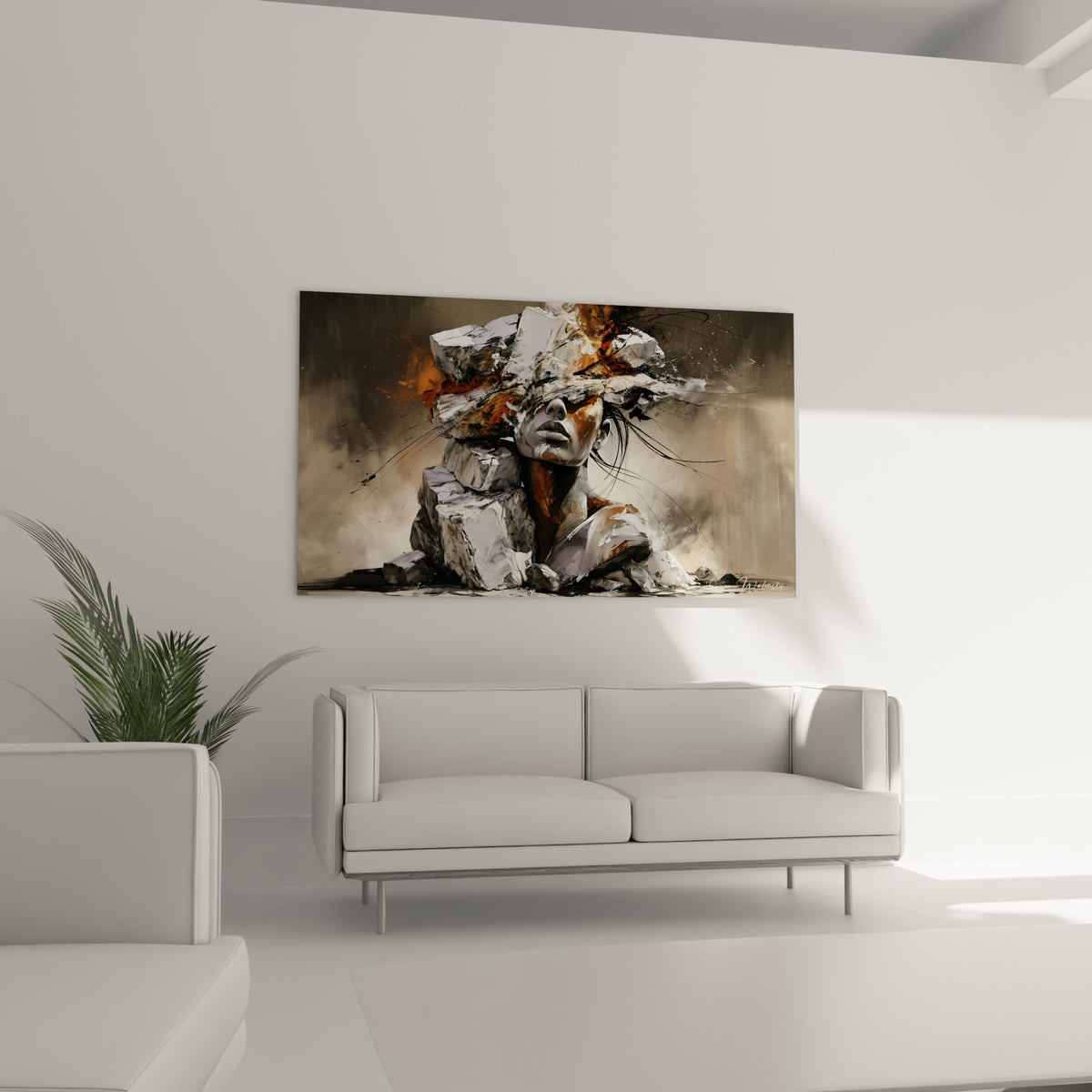 Portrait minéral anthracite et orangé aux mèches noires, au-dessus d'un canapé dans un salon lumineux