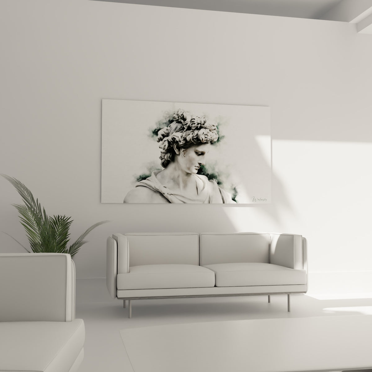 Statue sculptée aux boucles blanches et halo vert sauge, au-dessus d'un canapé dans un salon lumineux