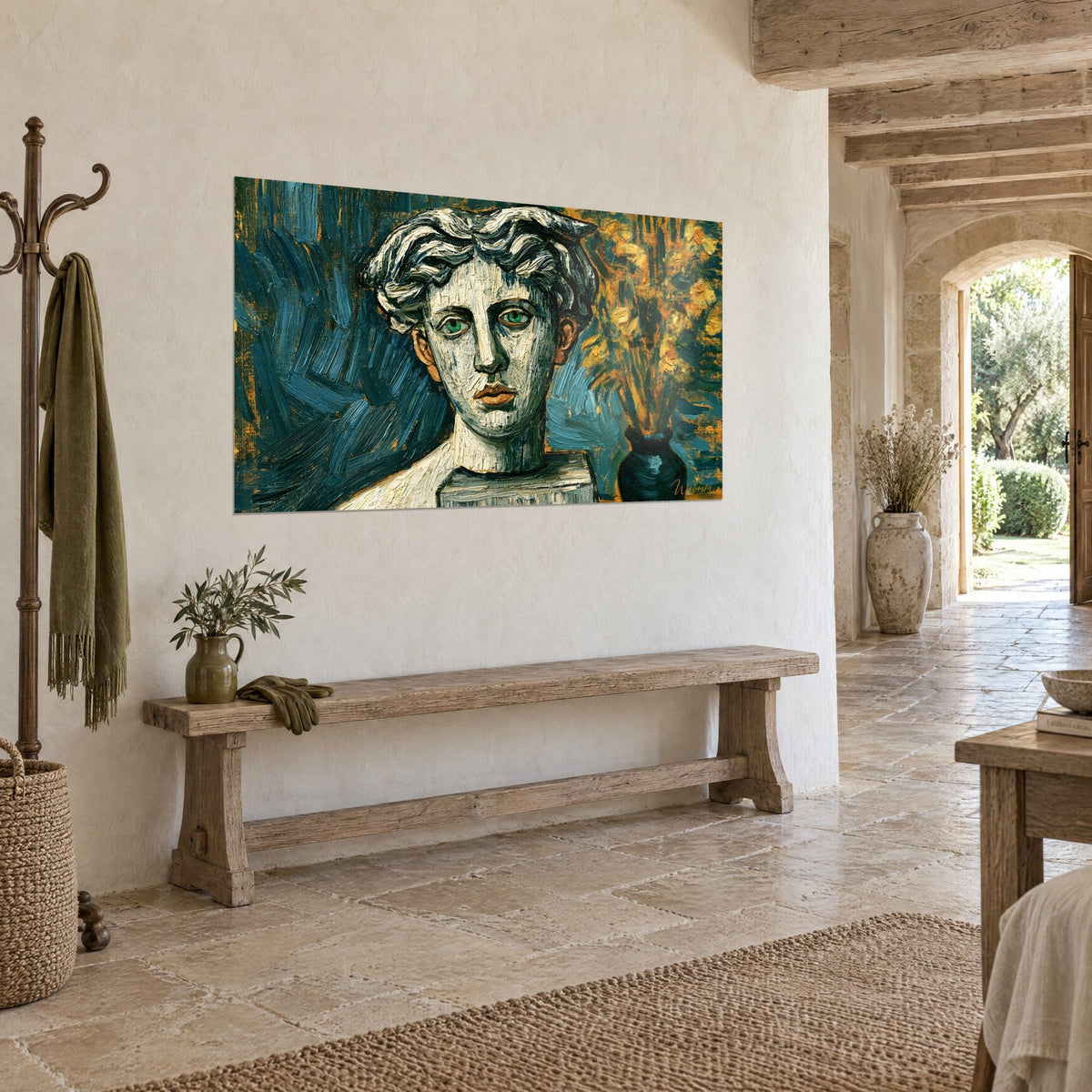 Wall art sculpted head in thick impasto, golden mimosa flowers on a midnight blue background, rough plaster wall of a stone house