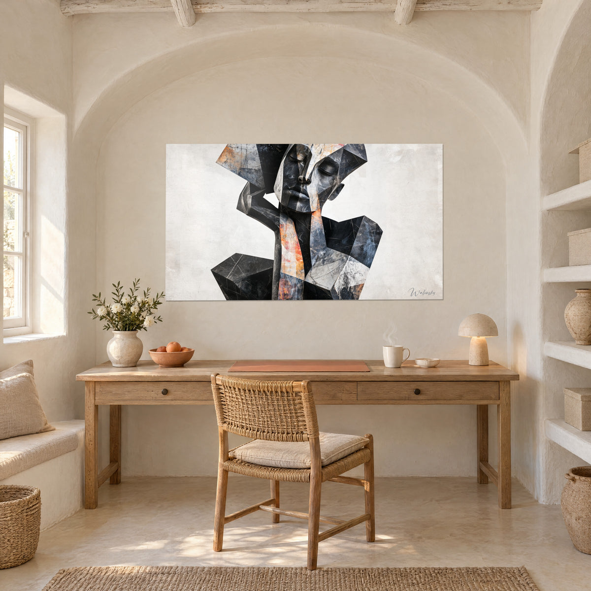 Schilderij portret van verbrijzelde steen, houtskoolzwart en gebrand oranje, boven een bureau van licht hout in een wit gewelfd vertrek