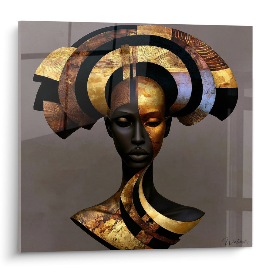 Schilderij Borstbeeld Afrikaans zwart en goud decoratief - Ouderwetige Majesteit - Editie Beeldhouwwerk