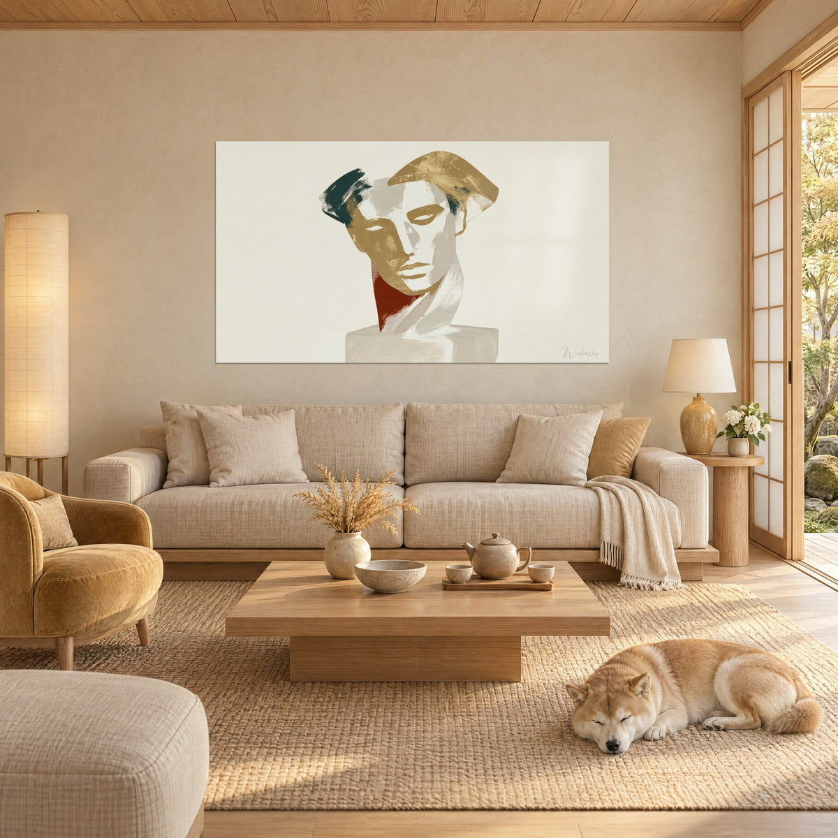 Gemälde Büste in Gold mit gesenktem Blick, Akzente in Terrakotta und Anthrazit, schlafender Shiba auf dem Teppich, über einem Sofa in einem hellen Wohnzimmer