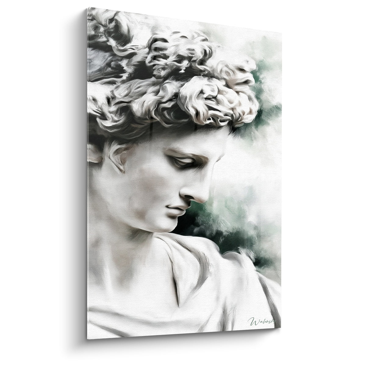 Buste classique au profil incliné, boucles blanches et fond vert sauge en aquarelle