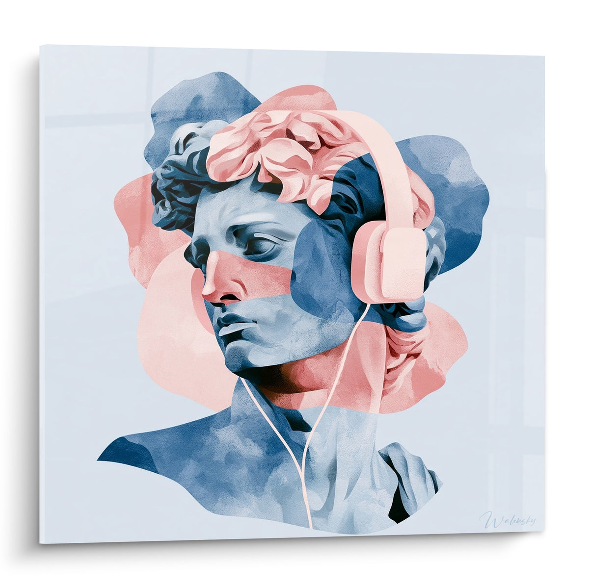 Buste antique bleu ardoise et rose poudré portant un casque audio rose pâle