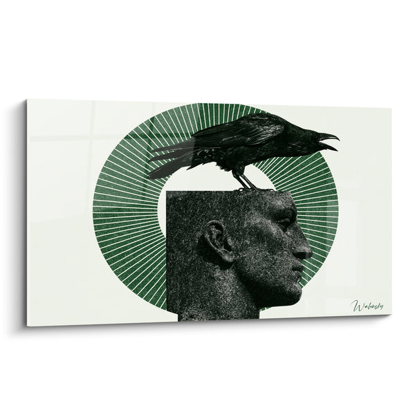 Tableau Buste antique gris et vert au corbeau - Présage silencieux - Edition Statue
