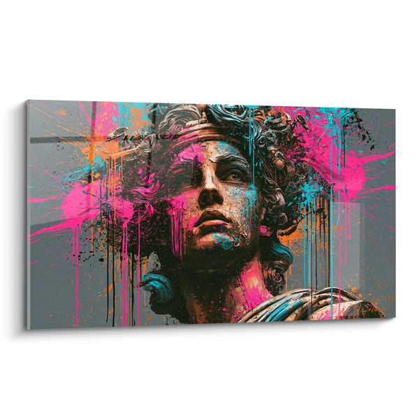Tableau Buste antique aux éclaboussures fuchsia et turquoise avec couronne - Explosion de peinture - Edition Statue