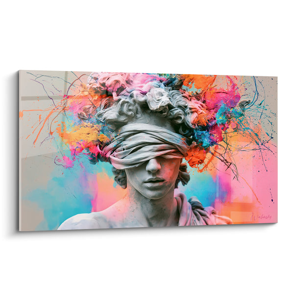 Tableau Buste blanc au bandeau rose et turquoise explosif - Chevelure en éclaboussures - Edition Statue