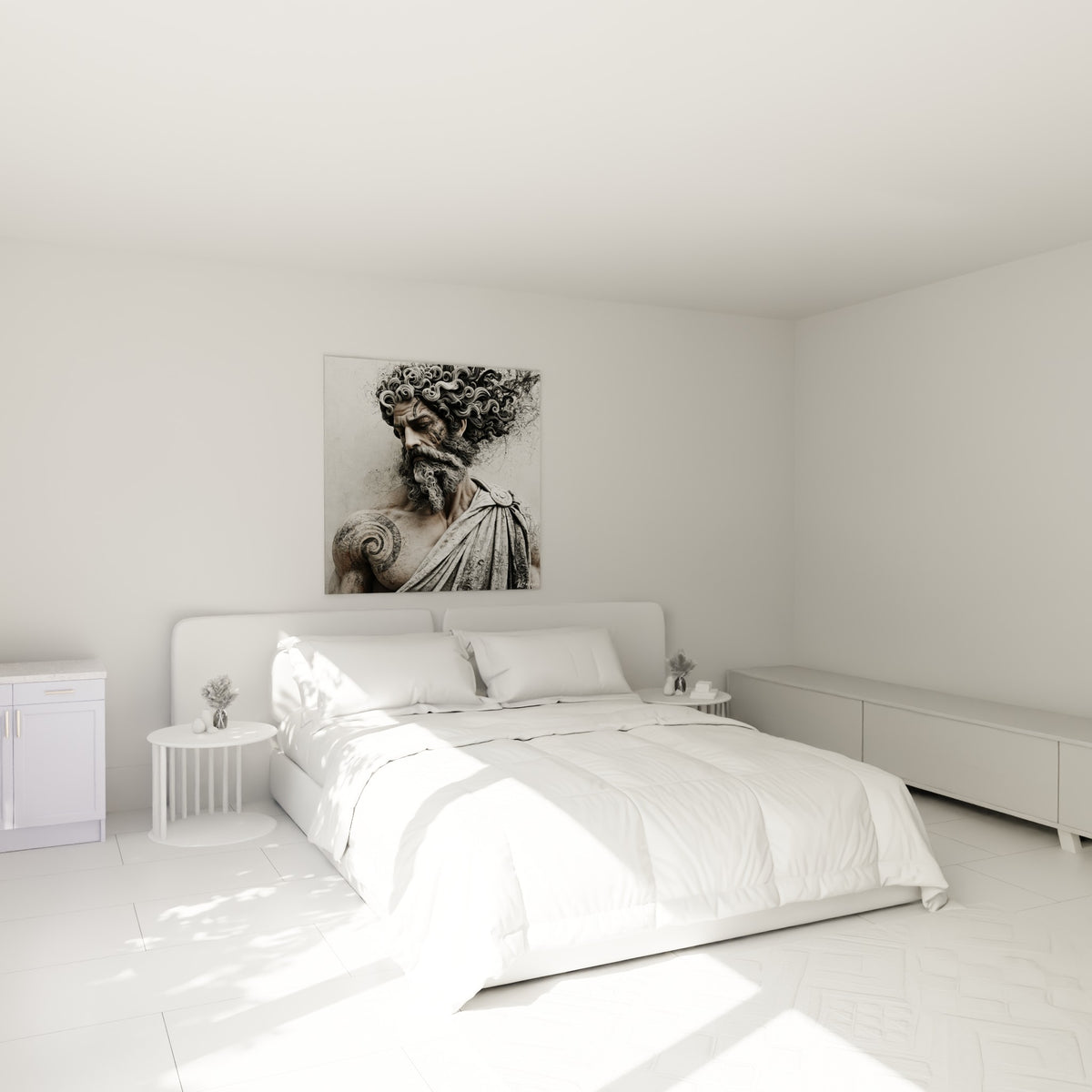 Buste antique gris et anthracite à la chevelure sculptée, au-dessus d'un lit dans une chambre claire