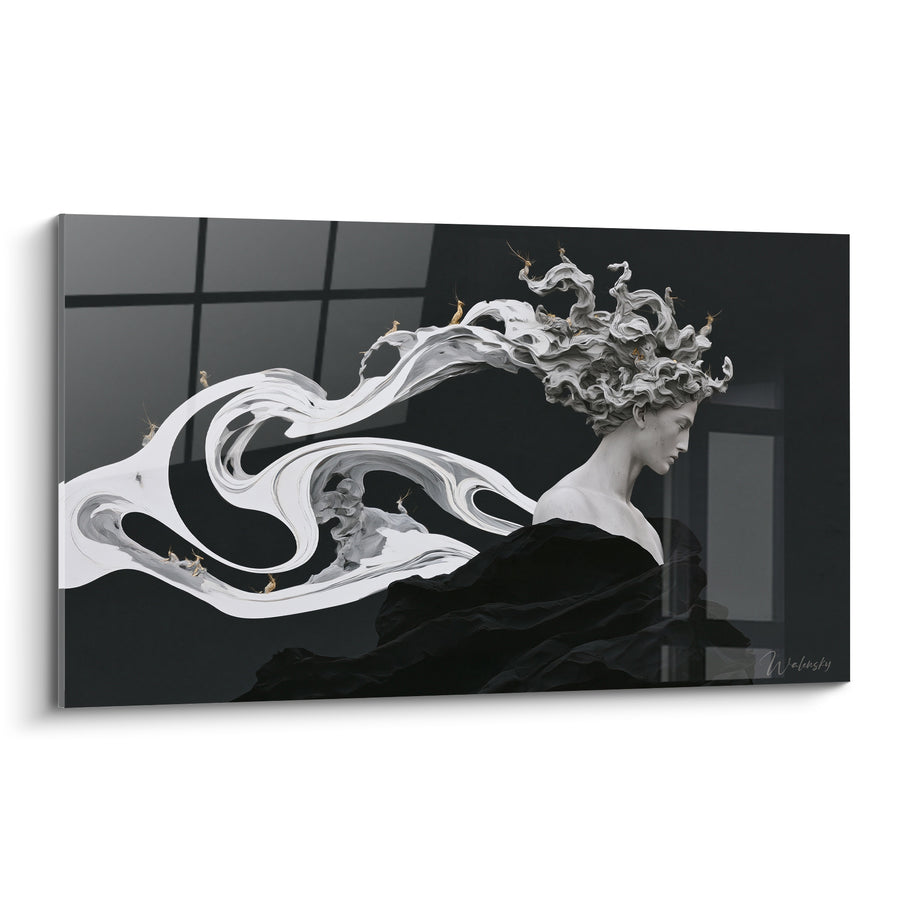 Tableau Buste blanc aux mèches tourbillonnantes et oiseaux - Envol figé - Edition Statue