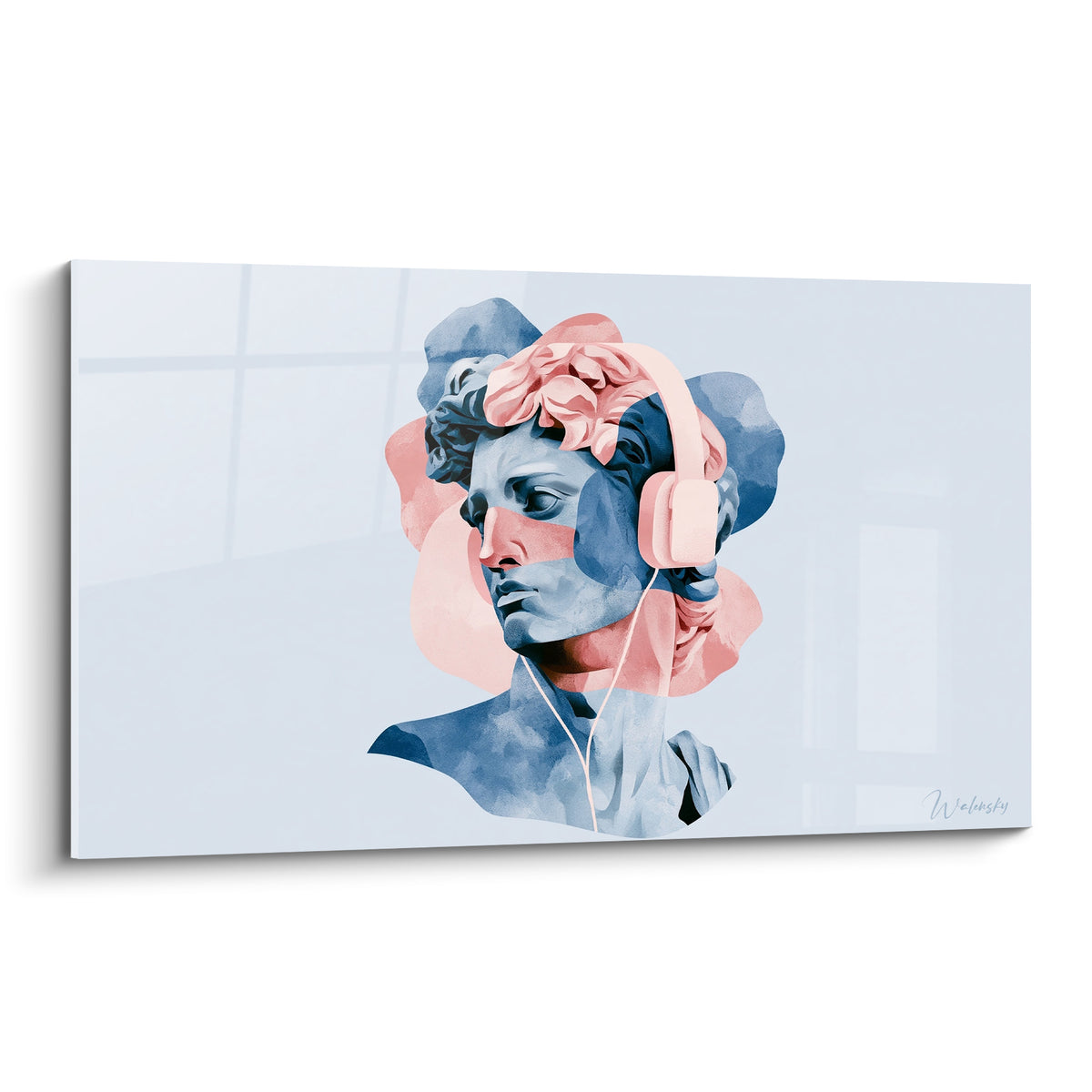 Buste antique bleu ardoise coiffé d'un casque audio rose poudré sur fond bleu pâle