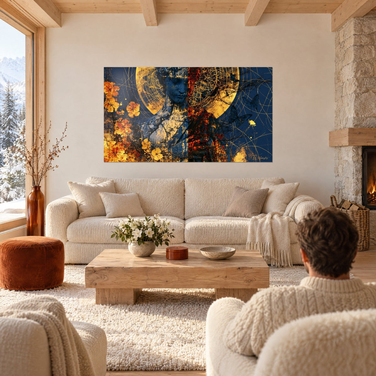 Wall art sculpted bust in navy blue and gold, orange flowers and geometric halo, above a sofa in a bright living room