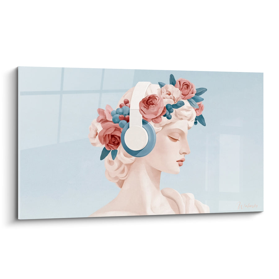 Tableau Buste fleuri aux roses roses et bleues - Évasion mélodique - Edition Statue