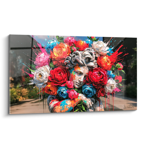 Tableau Buste blanc aux roses rouges et bleues - Éveil floral - Edition Statue