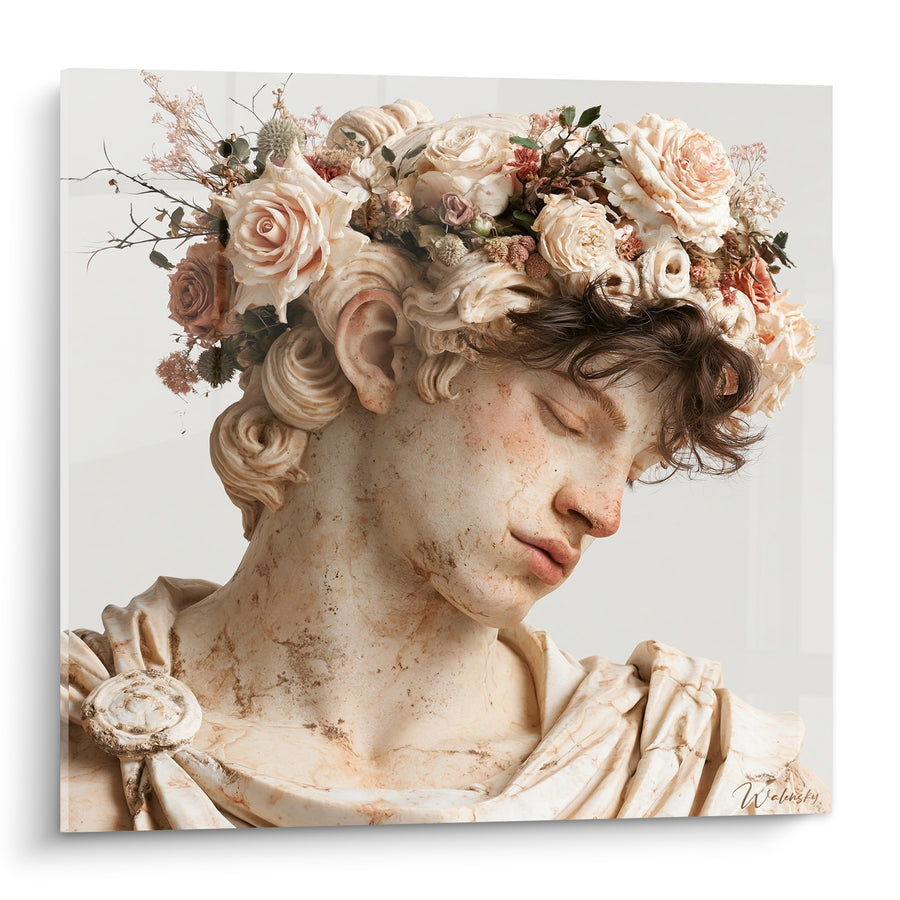 Schilderij Gebeeldhouwd Borstbeeld Ivoor en Roze Bloemen - Bloemenfantasie - Editie Beeldhouwwerk