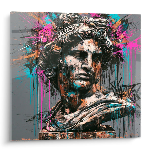 Tableau Buste antique aux éclaboussures roses et turquoise - Collision temporelle - Edition Statue