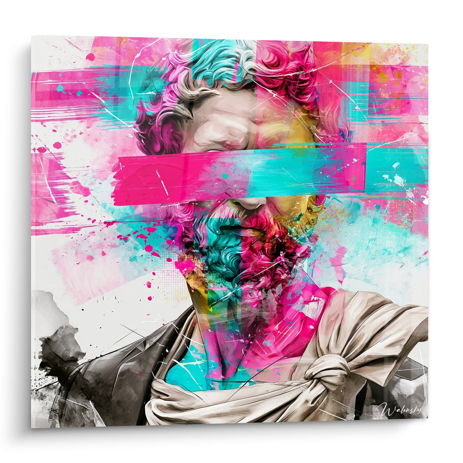 Schilderij Antiek Borstbeeld met Roze en Turquoise Banden - Vergeten Herinnering - Editie Beeld