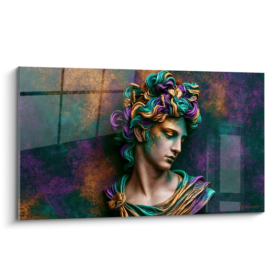 Tableau Buste chevelure turquoise et violette aux coquillages dorés - Regard baissé serein - Edition Statue
