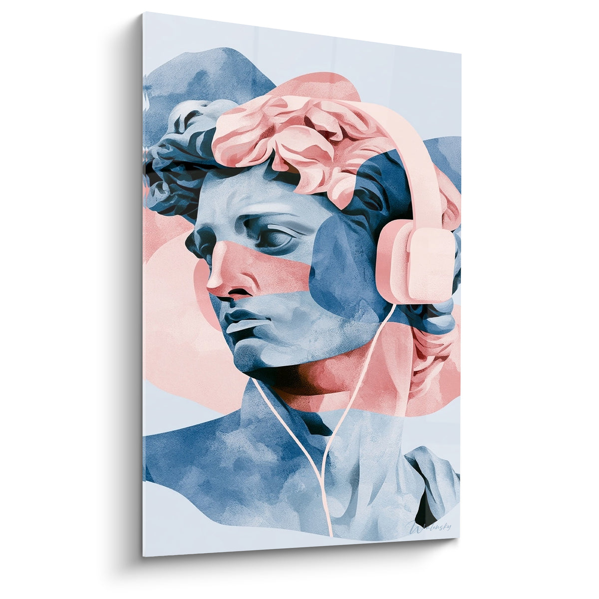 Buste antique bleu marine coiffé d'un casque audio rose pastel, portrait sculptural graphique