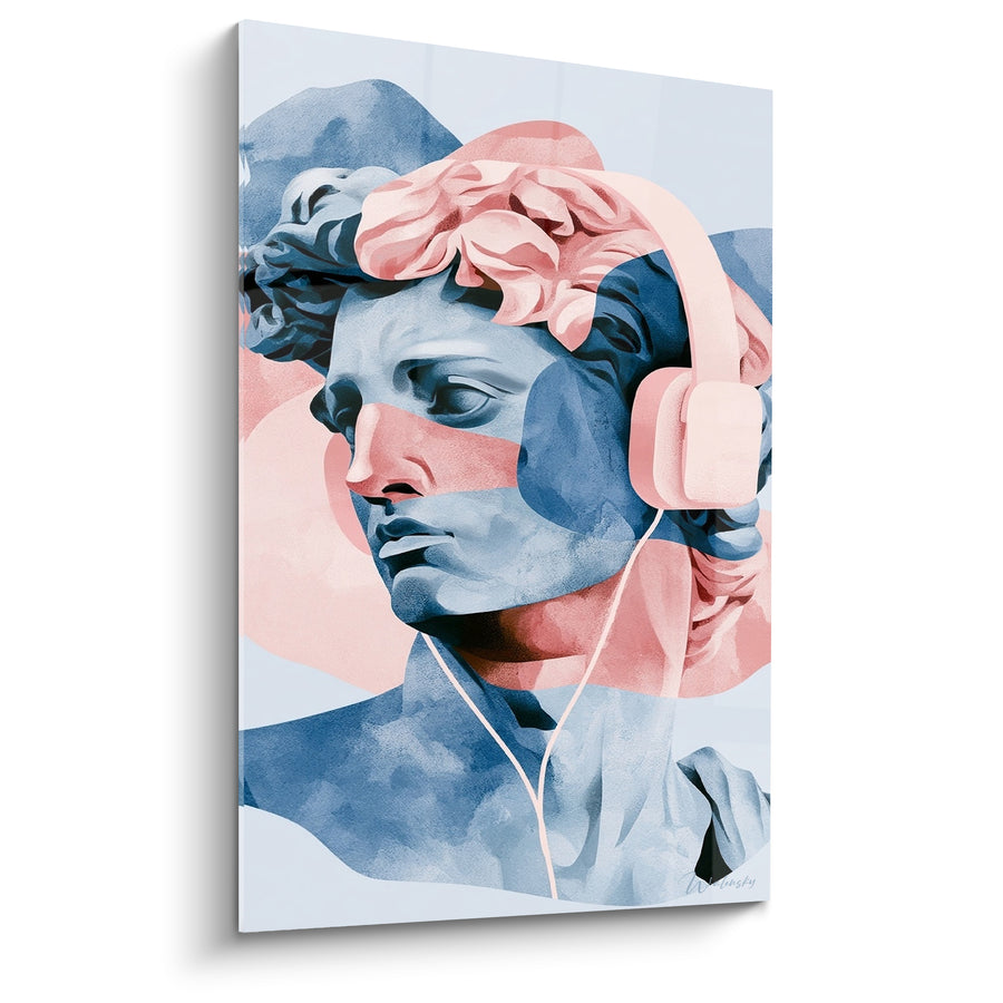 Tableau Buste antique bleu et rose au casque filaire - Écoute contemplative - Edition Statue