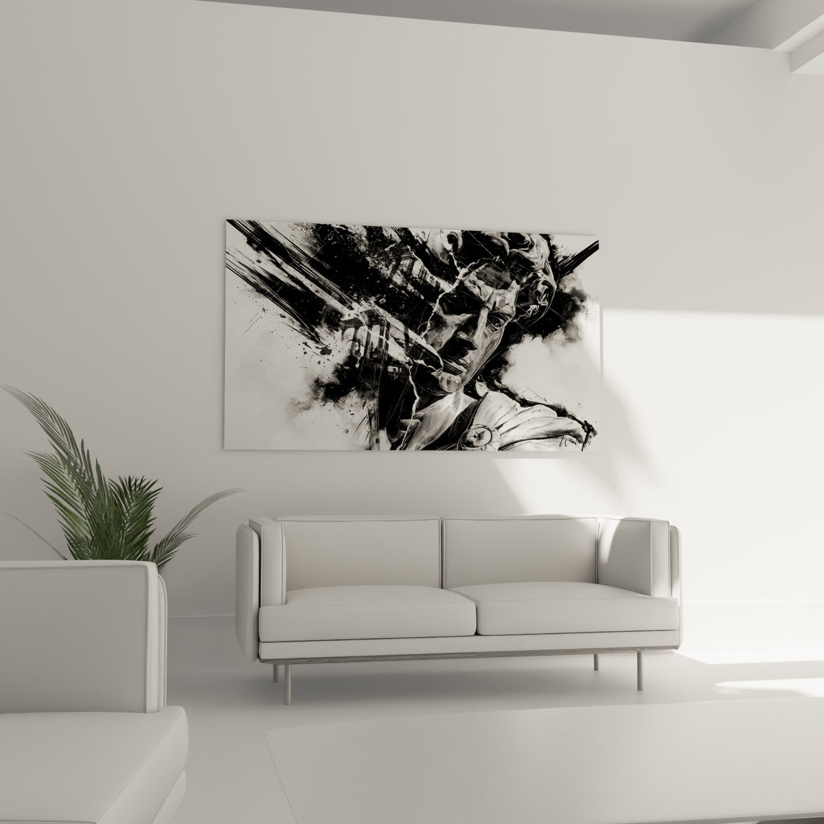 Statue romaine craquelée en gris fumé et noir intense, disposée au-dessus d'un canapé dans un salon lumineux