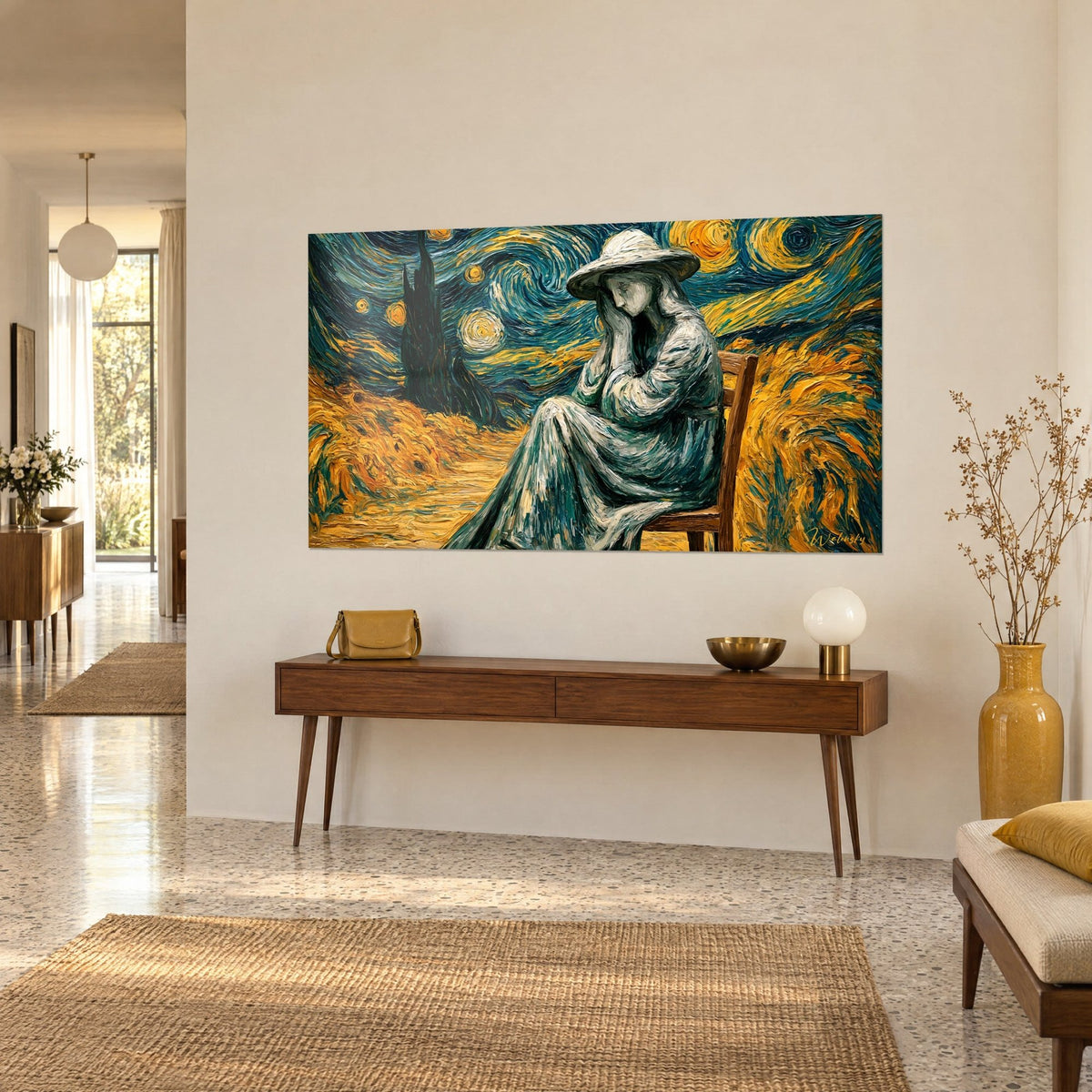 Quadro sagoma di pietra grigia, volto tra le mani, grano dorato e cipresso verde scuro, su una console in legno