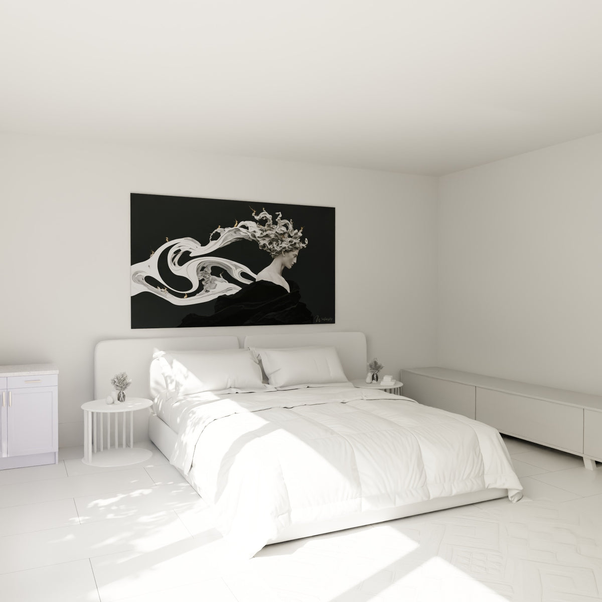 Silhouette statue blanche aux mèches tourbillonnantes accrochée au-dessus d'un lit dans une chambre claire