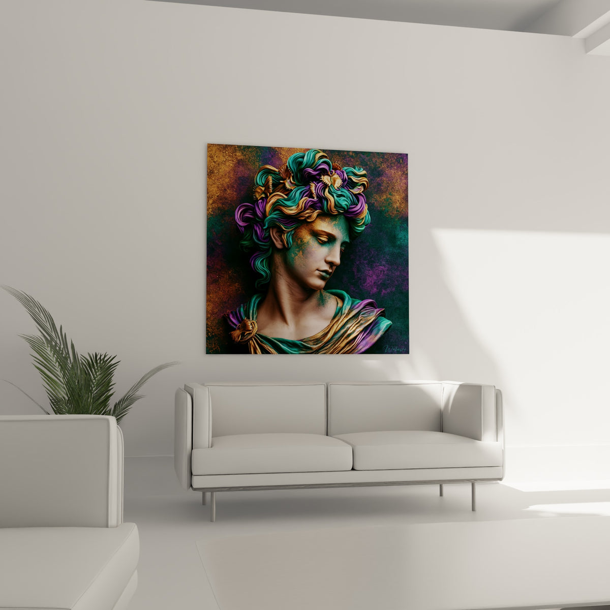 Visage sculptural doré et turquoise, drapé violet à l'épaule, au-dessus d'un canapé dans un salon lumineux