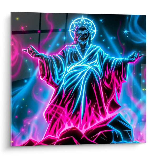 Tableau Christ bras ouverts bleu et rose néon - Apparition céleste - Edition Statue