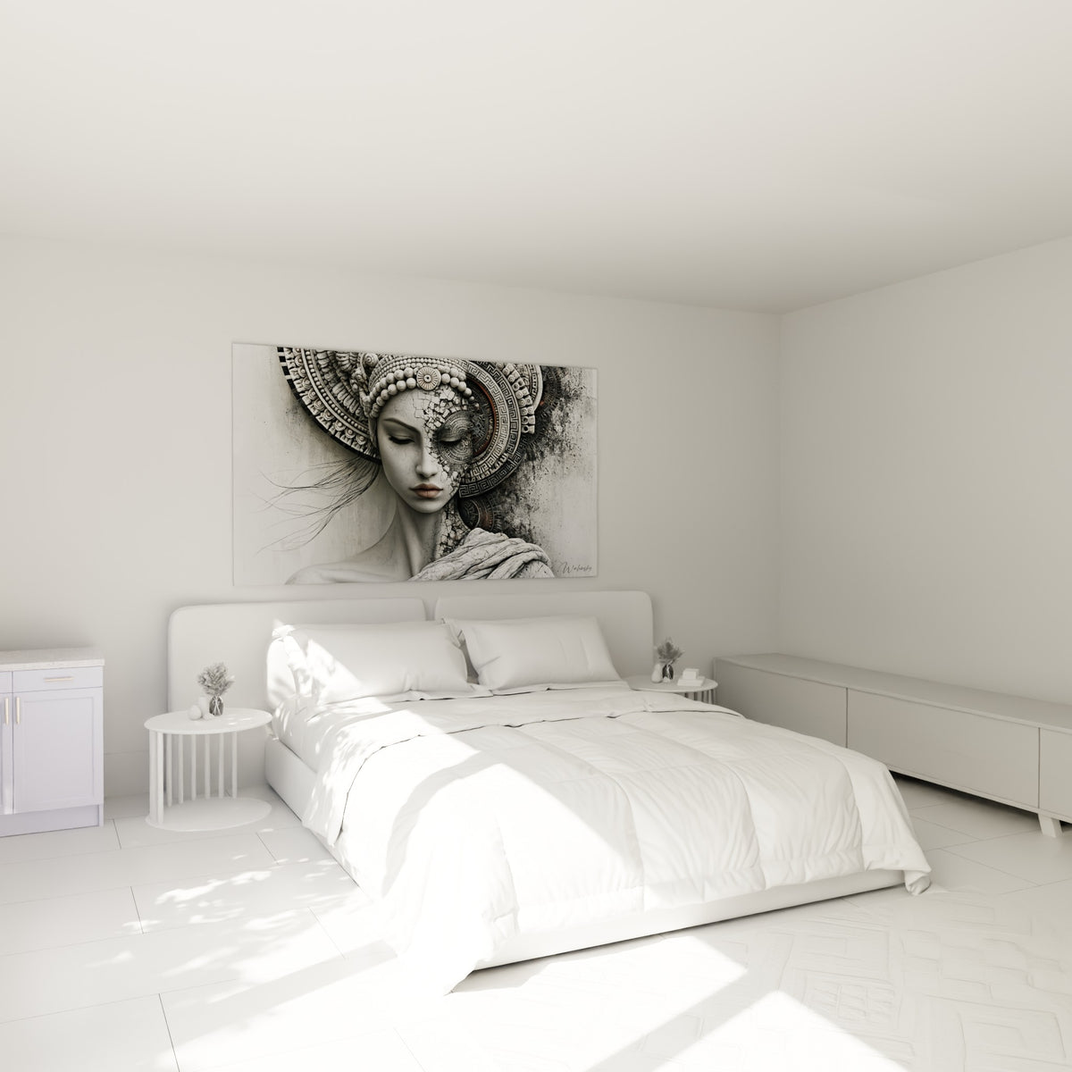 Statue au regard clos, blanc marbré et gris anthracite, au-dessus d'un lit dans une chambre claire