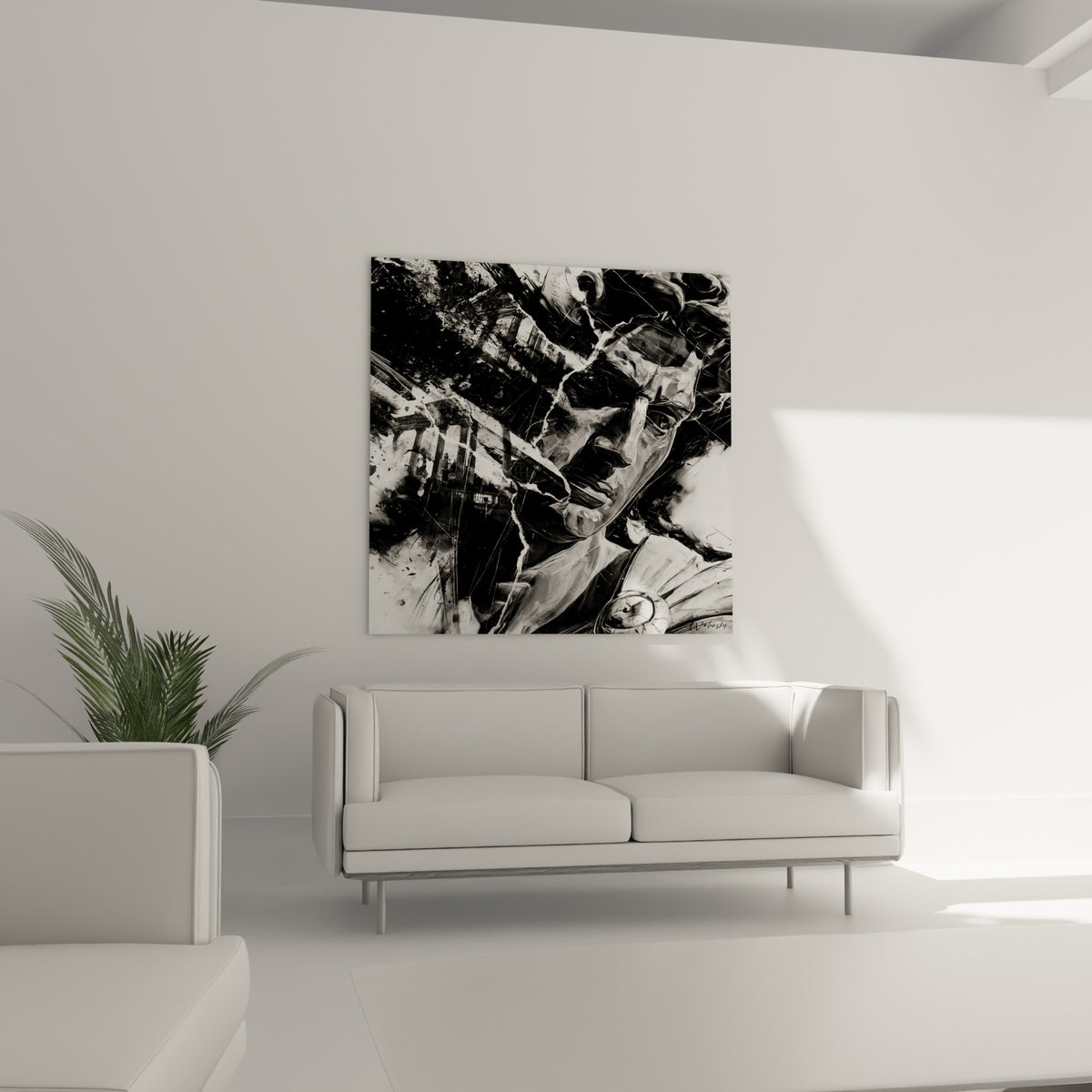 Statue antique aux tons anthracite et blanc, fissures marquées, au-dessus d'un canapé dans un salon lumineux