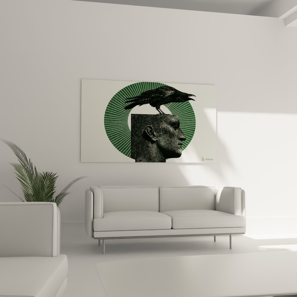 Profil sculptural gris et vert sauge d'un tableau statue au-dessus d'un canapé dans un salon lumineux