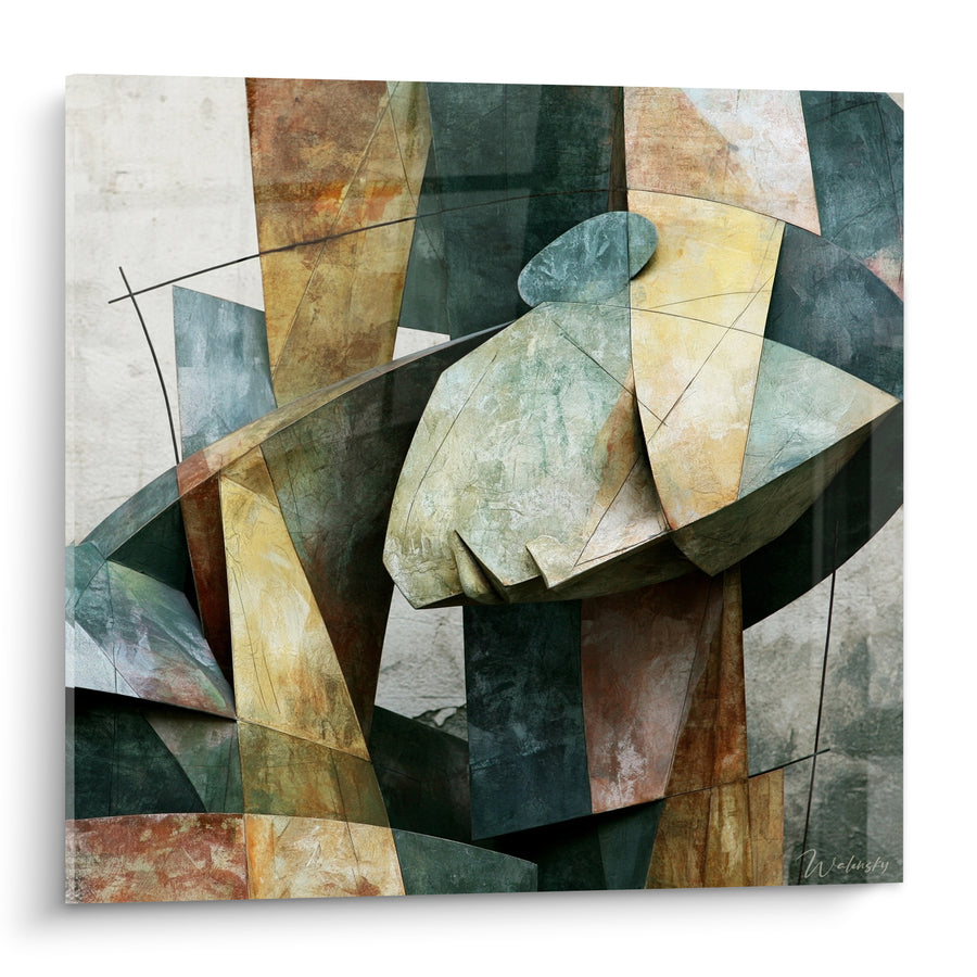 Schilderij Gelaat Cubistisch Groen en Oker met Hoekige Vlakken - Geometrische Sculptuur Fragment - Editie Statue
