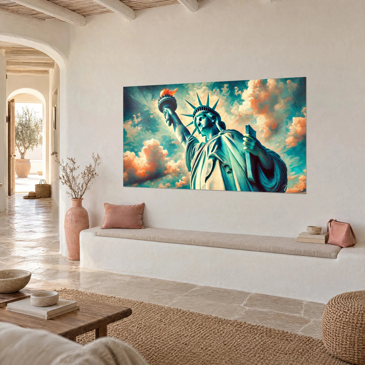 Wall art New York colossus in verdigris, seven-pointed crown and orange sky, white wall and Mediterranean bench